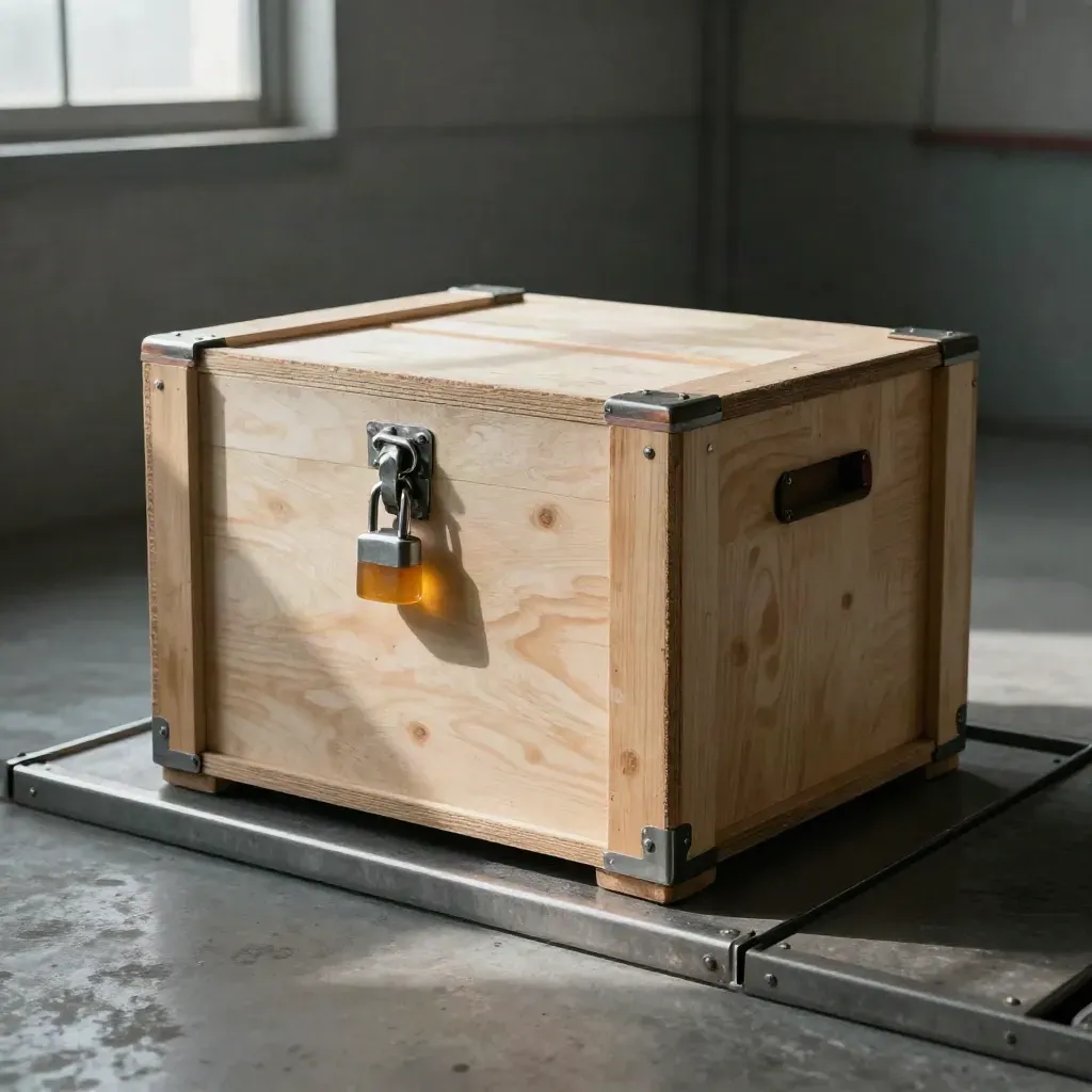 Bonded warehouse crate sealed for customs clearance, with tamper seal and inspection clasp.