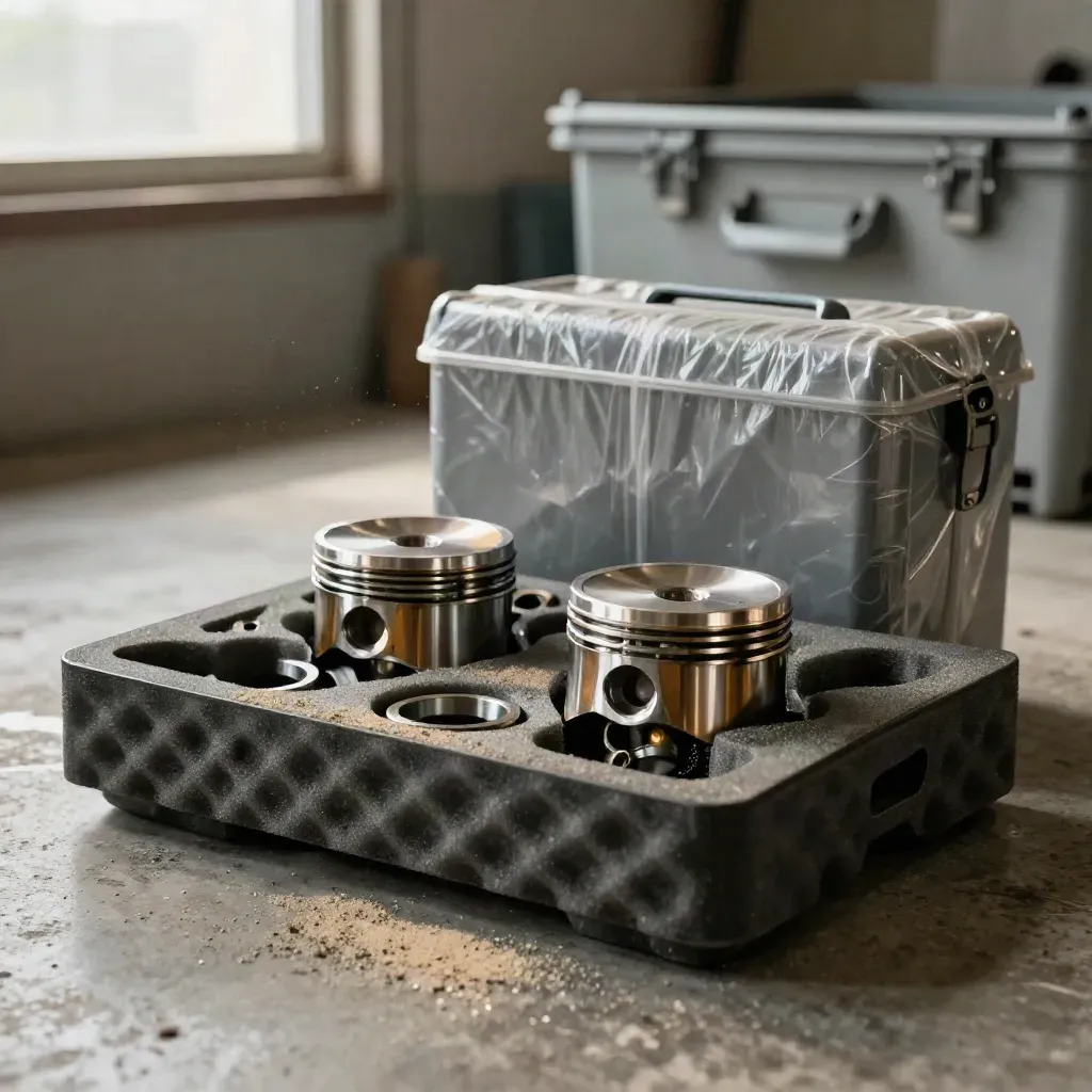 Foam-trayed engine parts and a sealed tote on warehouse concrete, with a blurred container latch behind.