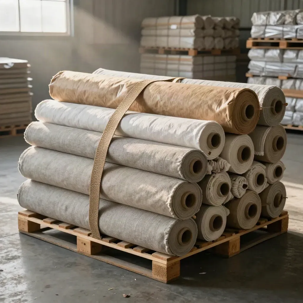 Textile export pallets wrapped in kraft paper, strapped and staged in a warehouse loading bay.