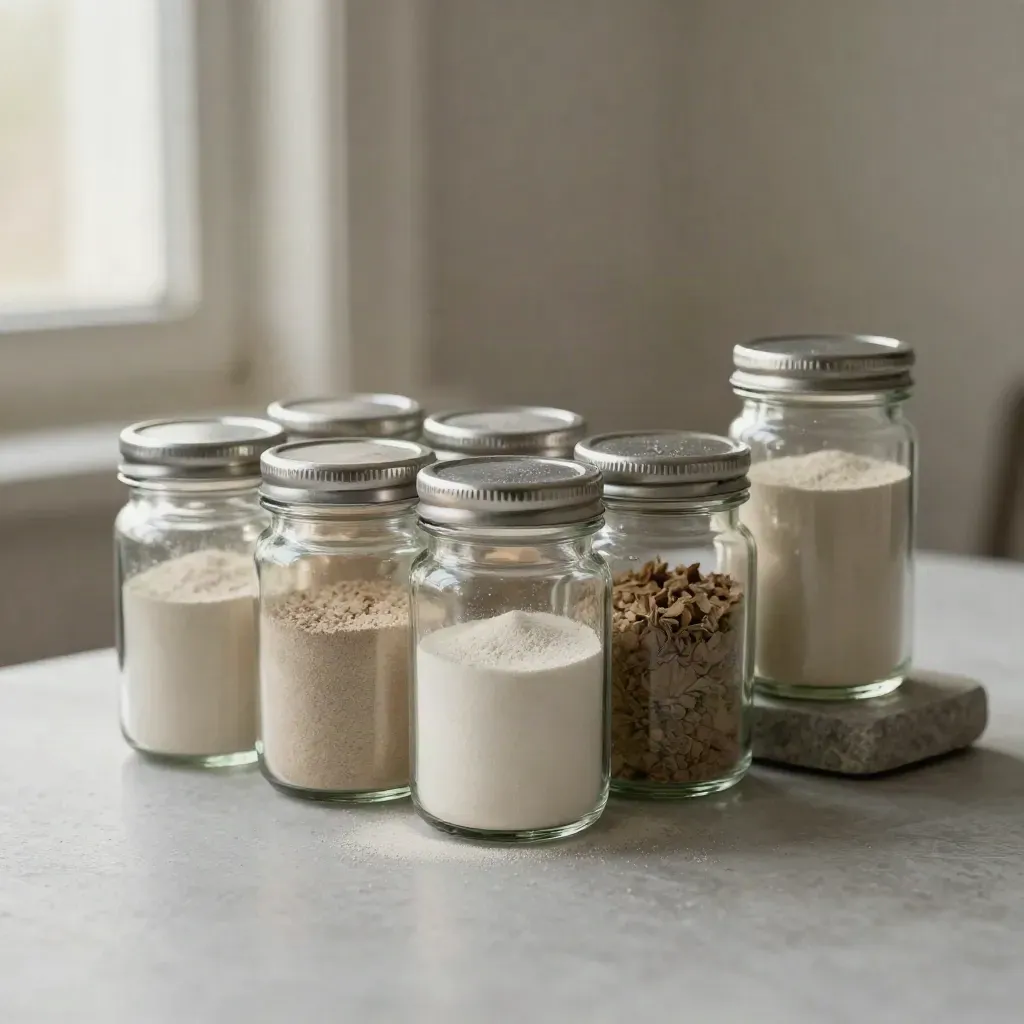 Two rows of sample jars with a taller canister on a soft plaster surface in warm light.