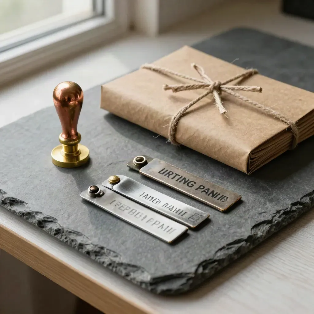 Brass seal and tied kraft folio with cargo markers on stone, arranged as a trade plan kit.